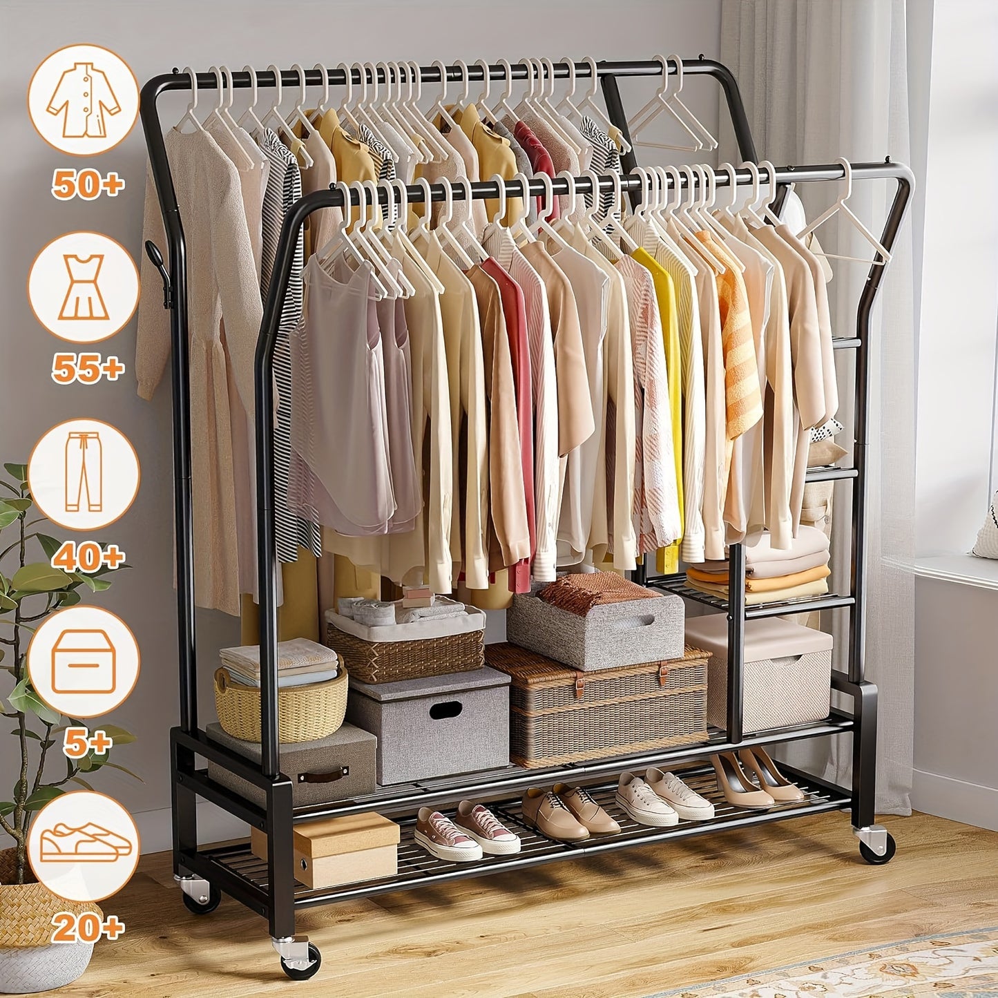 Heavy Duty Double Rod Clothes Rack – 255LBS Capacity, Metal Rolling Closet Rack with Wheels for Hanging Clothes, Laundry Storage Organization