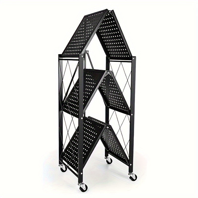 3 Tier Foldable Metal Storage Rack - Heavy Duty Organizer with Wheels for Garage & Kitchen, Easy Movement & Perfect Storage Solution