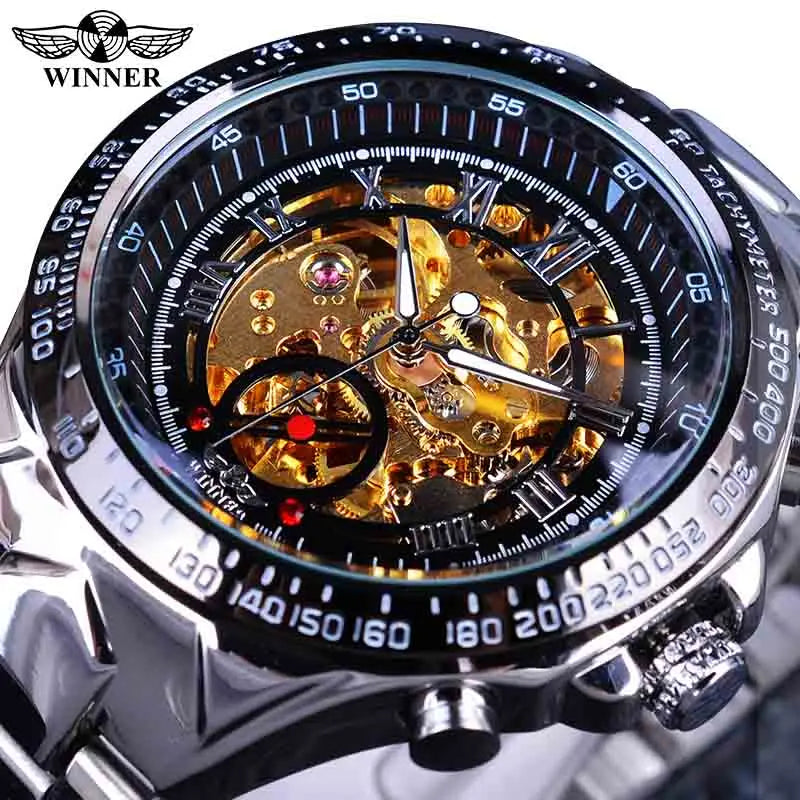 Winner Men's Luxury Mechanical Watch – Sport Design Bezel, Automatic Skeleton Dial, Fashion Montre Homme