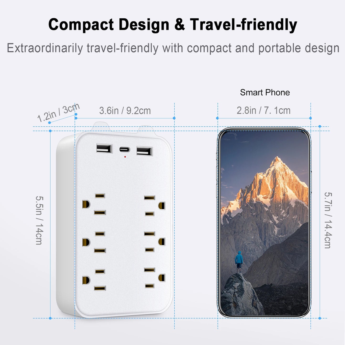 9-in-1 Surge Protector Power Strip: 6-Outlet Extender with 2 USB & 1 USB-C Ports - Multi Plug Outlets Wall Adapter Spaced for Home