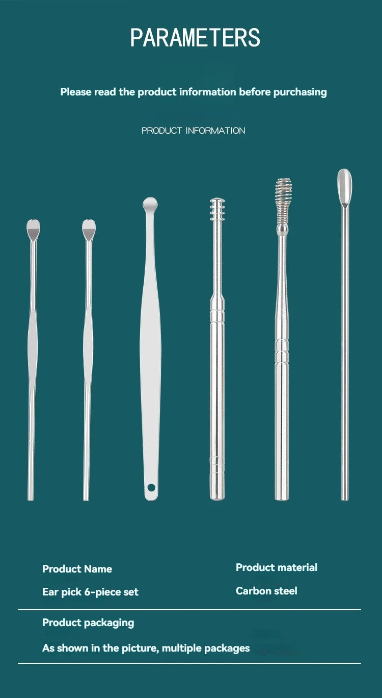 6pcs Stainless Steel Ear Wax Removal Tool Set – Spiral Rotating Ear Picker Spoon for Cleaning & Collecting Ear Wax