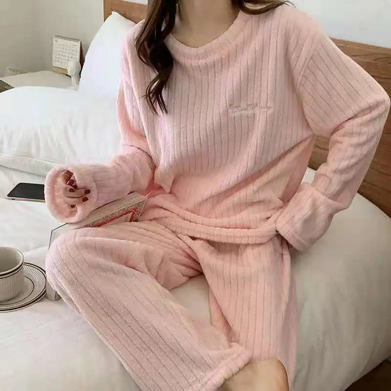 Autumn Women's 2 Piece Warm Velvet Pajama Set – Ribbed Fleece Pullover & Pants, Casual Loungewear (2023)