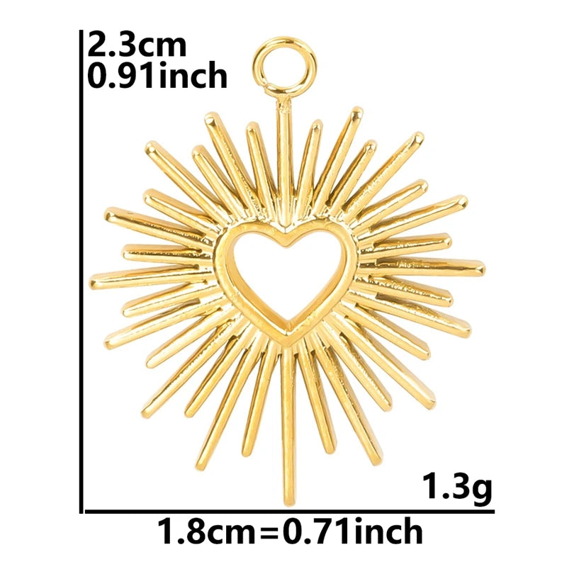 6pcs Real Gold-Plated Sun Charms - Stainless Steel Jewelry Making Pendants, Heart, Moon & Sunshine Design