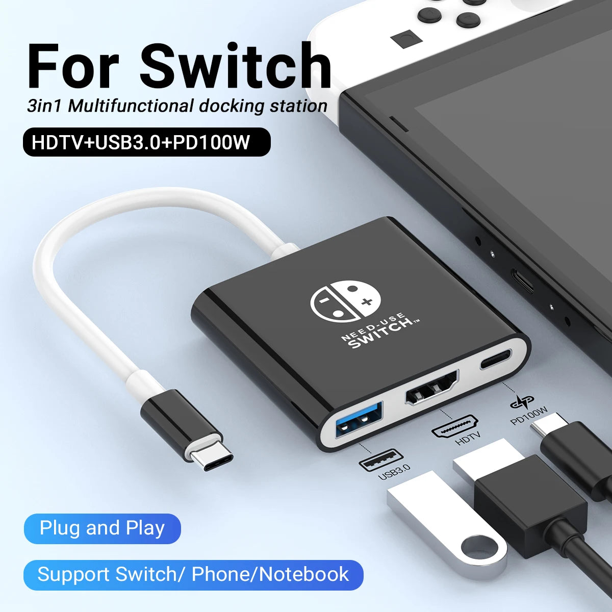 Portable Nintendo Switch Docking Station — Type-C Hub with HDMI & USB 3.0 for Travel Gaming