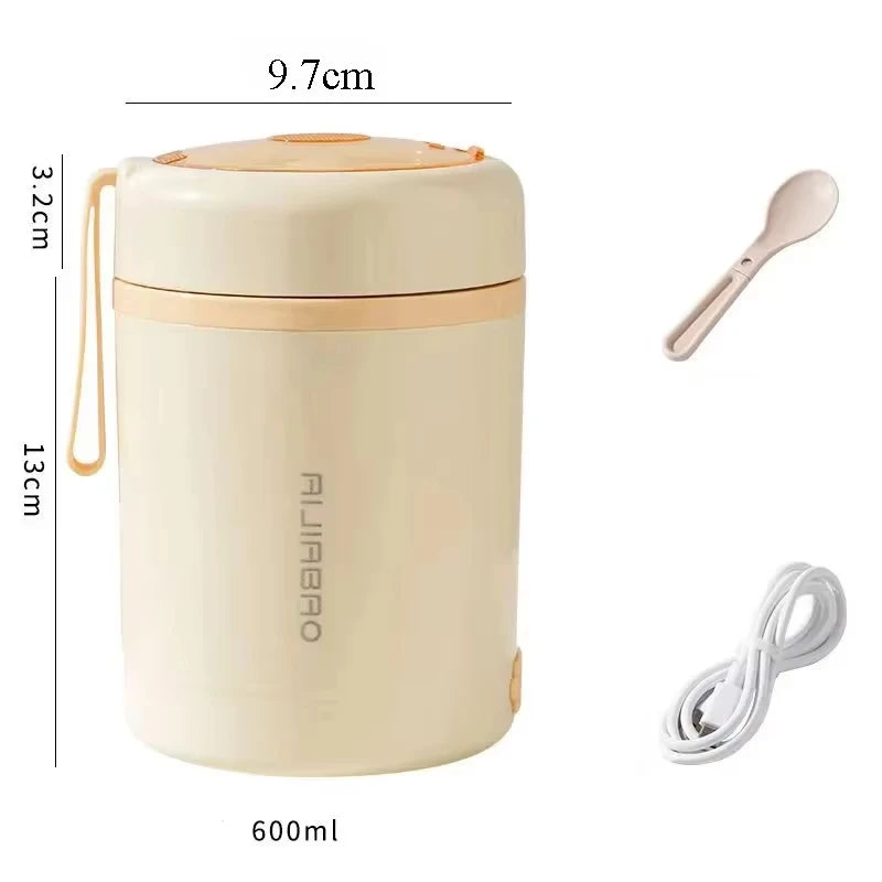 600ML USB Electric Heating Lunch Box — Portable Stainless Steel Food Warmer for Picnic, Milk, and Drinks (5V/12V/24V)