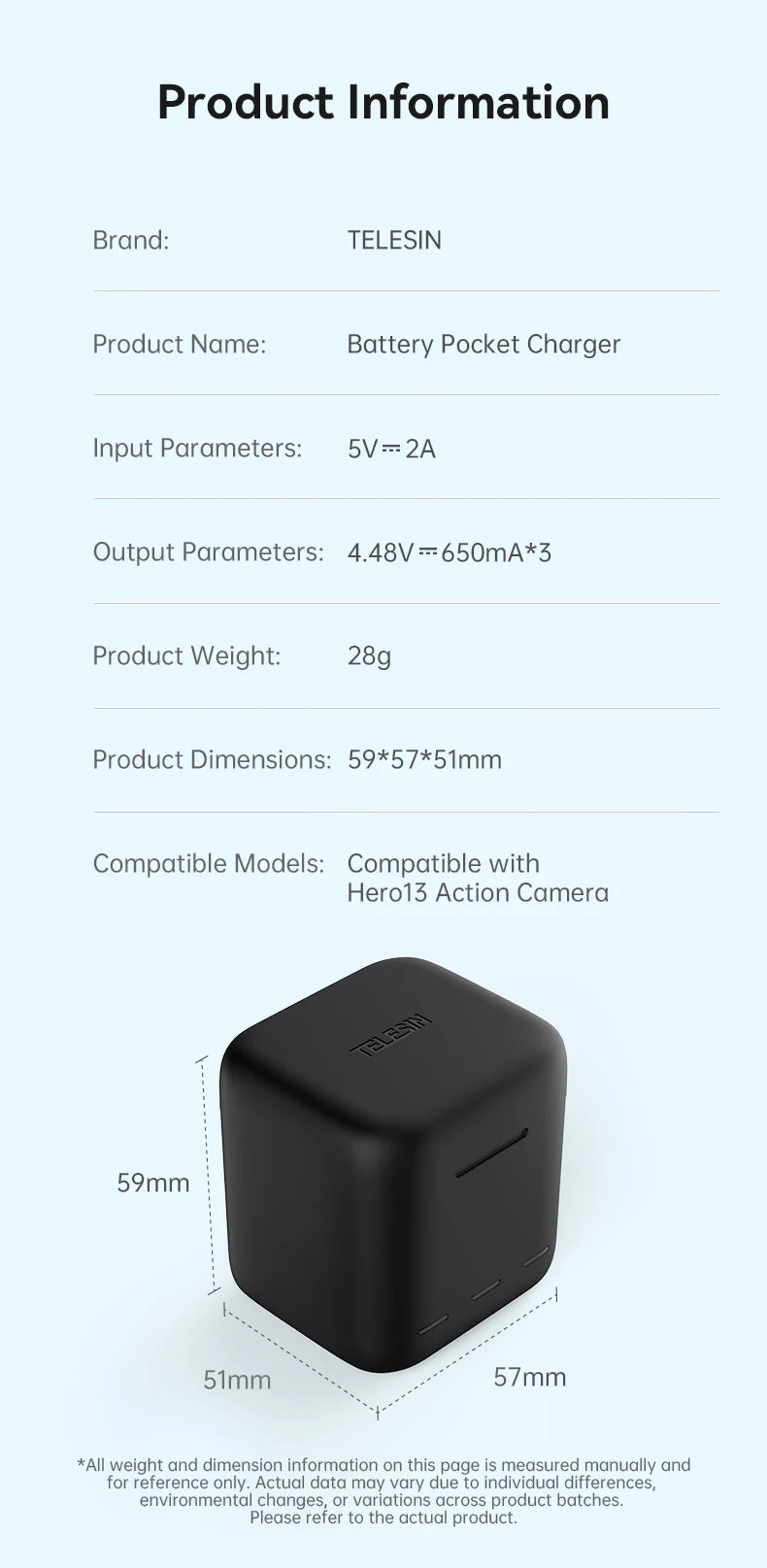 TELESIN 3-Slot Fast Battery Charger for GoPro Hero 13 – Portable Charging Dock for Action Camera Accessories