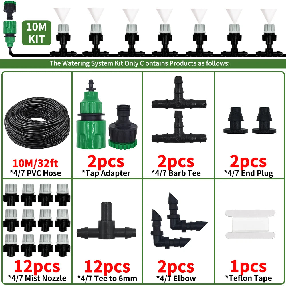10-20M Automatic Garden Irrigation System – Portable Misting Fog Nozzles with 4/7mm Tee Connector for Patio & Hose Spray