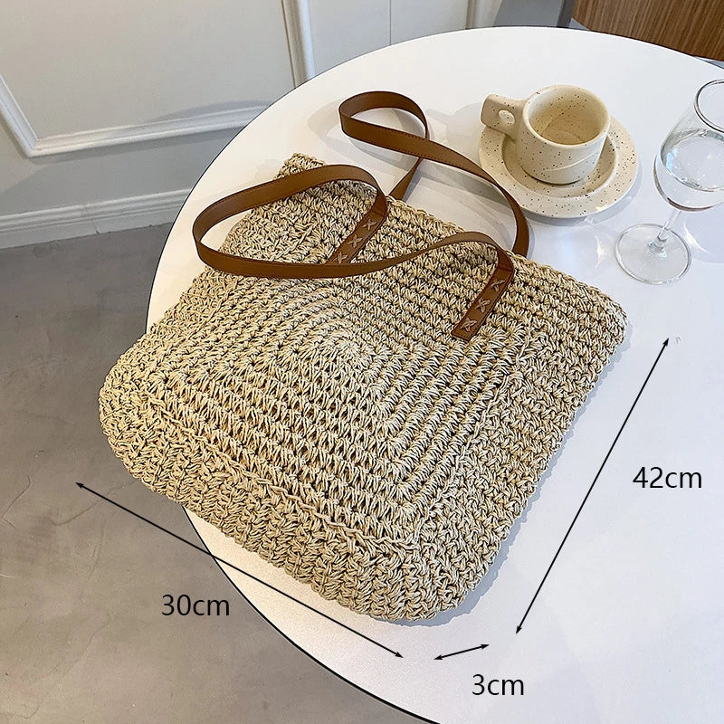 Handmade Woven Straw Beach Bag – Large Capacity Women’s Raffia Shoulder Tote for Summer Travel