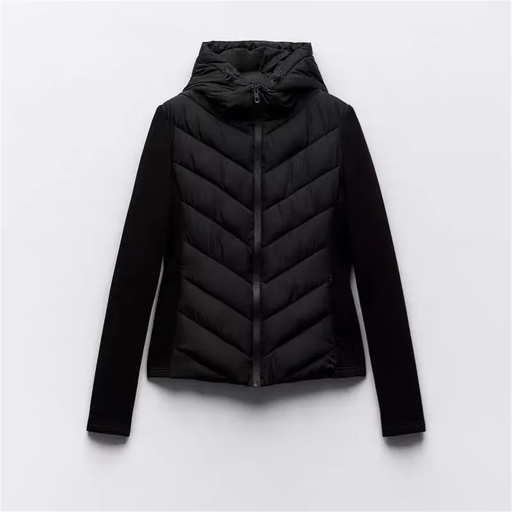 Taop&Za Women's Autumn Cotton Jacket – Fashionable Casual Long Sleeve Stand Collar Hooded Patchwork Coat