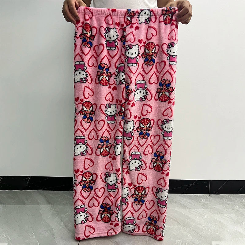 Hello Kitty Spider-Man Cotton Velvet Pajamas - Loose Long Pants, Cartoon Sleepwear for Women and Men, Casual Wear