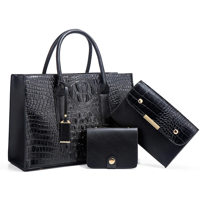 New Crocodile Pattern Handbag Set for Women — 3Pcs Tote, Shoulder Bag & Clutch, Large Capacity Fashion Set