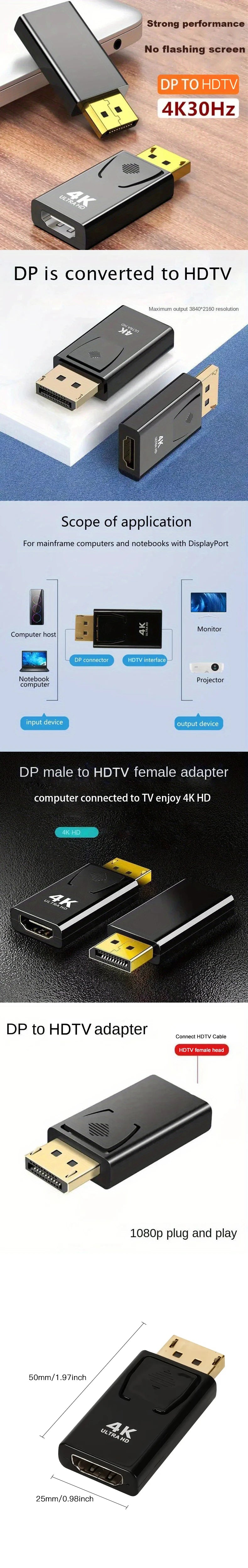 DP to HDTV 4K Adapter – DisplayPort Male to HDMI Female Video & Audio Converter for Computer, Laptop, TV
