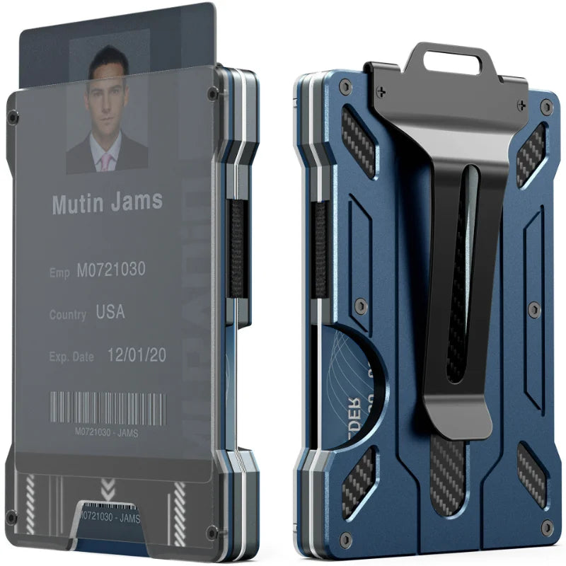Minimalist Men’s Wallet – Slim RFID-Blocking Aluminum Money Clip with Clear ID Holder, Ultra-Thin Carbon Fiber Design