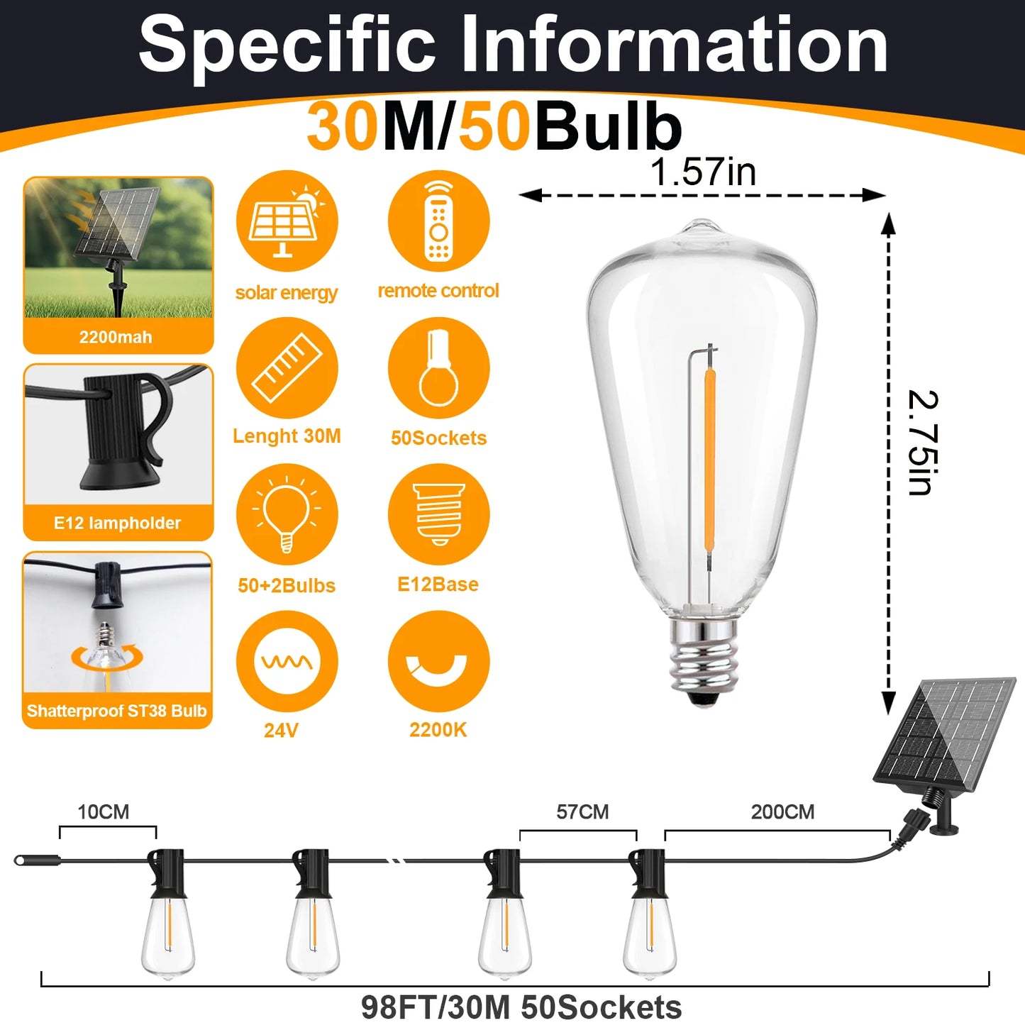 Solar Globe LED String Lights G40 — USB Rechargeable, 8 Modes Remote-Control Patio & Garden Hanging Lights, Weatherproof
