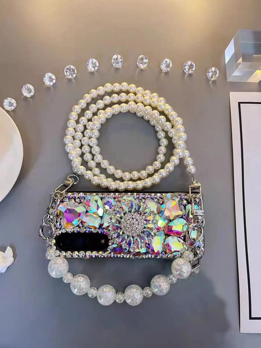 Luxury Crystal Diamond Phone Case for Samsung Galaxy Z Fold 6/5/4/3 – Pearl Wrist Strap & Stand Holder Cover