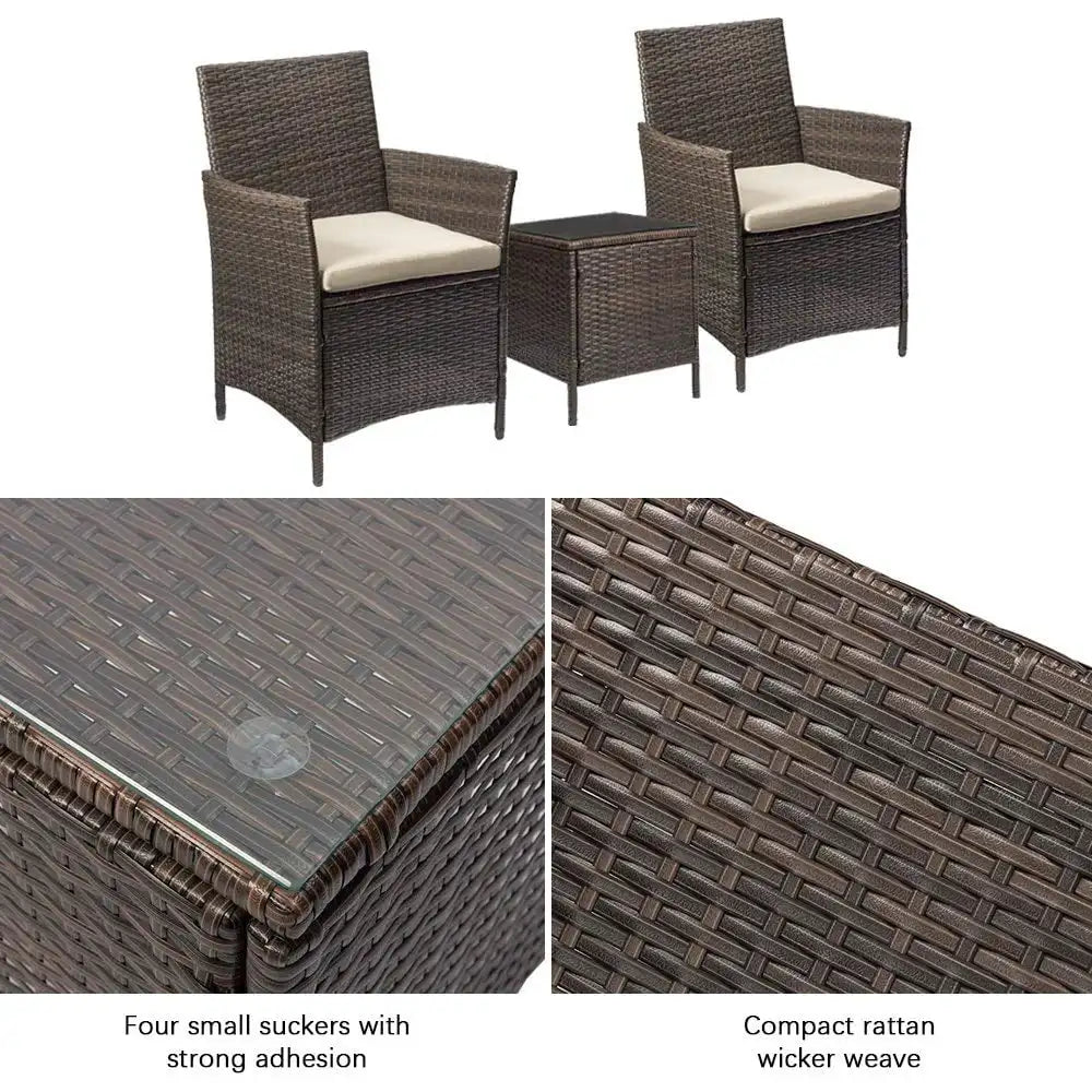 3-Piece Outdoor Patio Furniture Set – PE Rattan Wicker Bar Table & Chairs with Cushions & Tempered Glass, Brown/Beige
