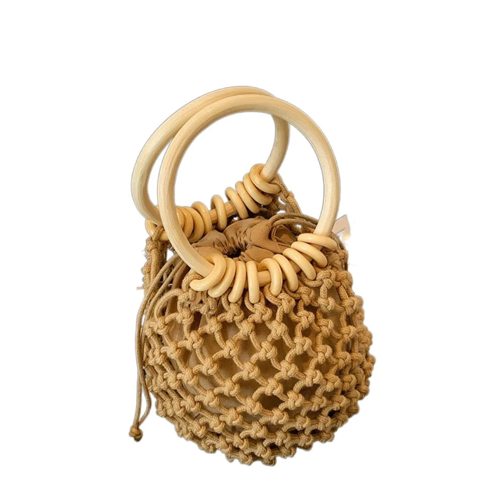 Handmade Woven Straw Handbag – Elegant Bucket Tote Wrist Pack for Women, Travel & Leisure