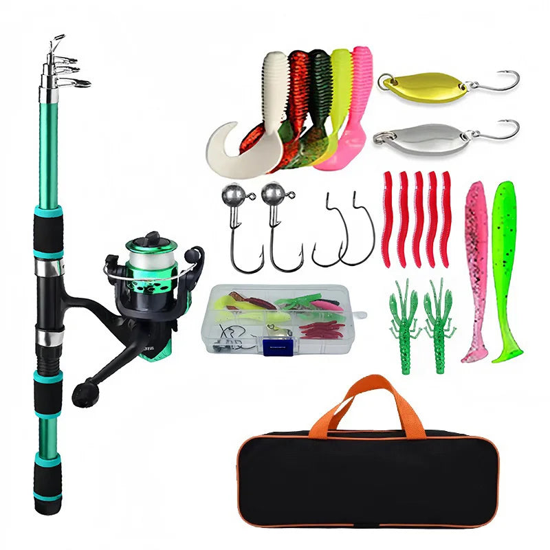 Fishing Pole Set – Full Kit with Telescopic Rod, Spinning Reel, Baits & Hooks, Portable Travel Fishing Gear