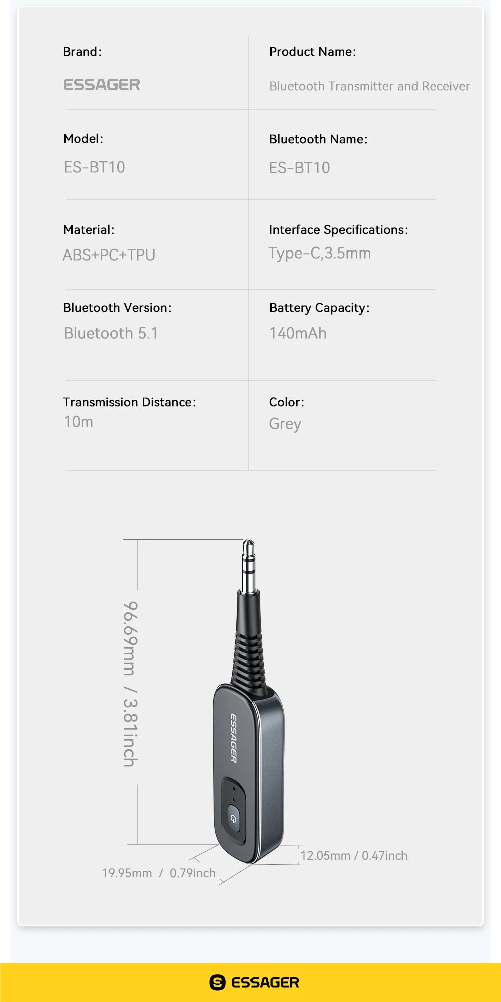 Essager 2 in 1 Bluetooth 5.1 Audio Receiver & Transmitter – Wireless 3.5mm AUX Stereo Adapter for Earphones, TV, & Car