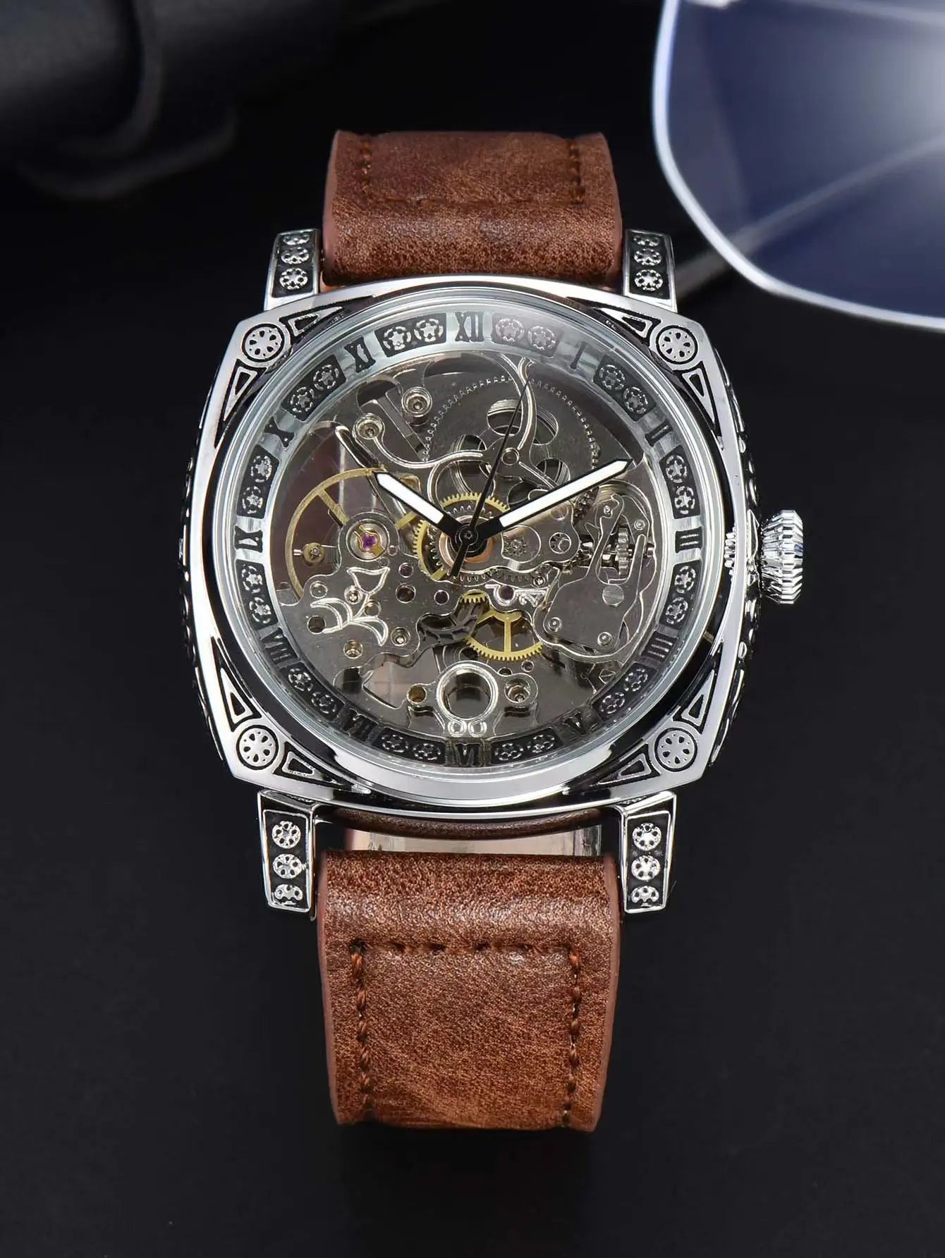 LONGLUX Automatic Mechanical Skeleton Watch – Retro Style Waterproof Leather Men’s Wristwatch, No Logo