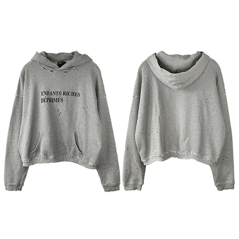 2025SS Ripped E.R.D. Hoodie – Men & Women Slogan Print Short Wide Sweatshirt