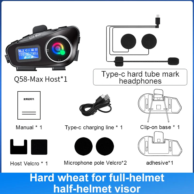Q58 Max Motorcycle Helmet Bluetooth Intercom – IP65 Waterproof, 500M Range, Multi-Scene Music Sharing
