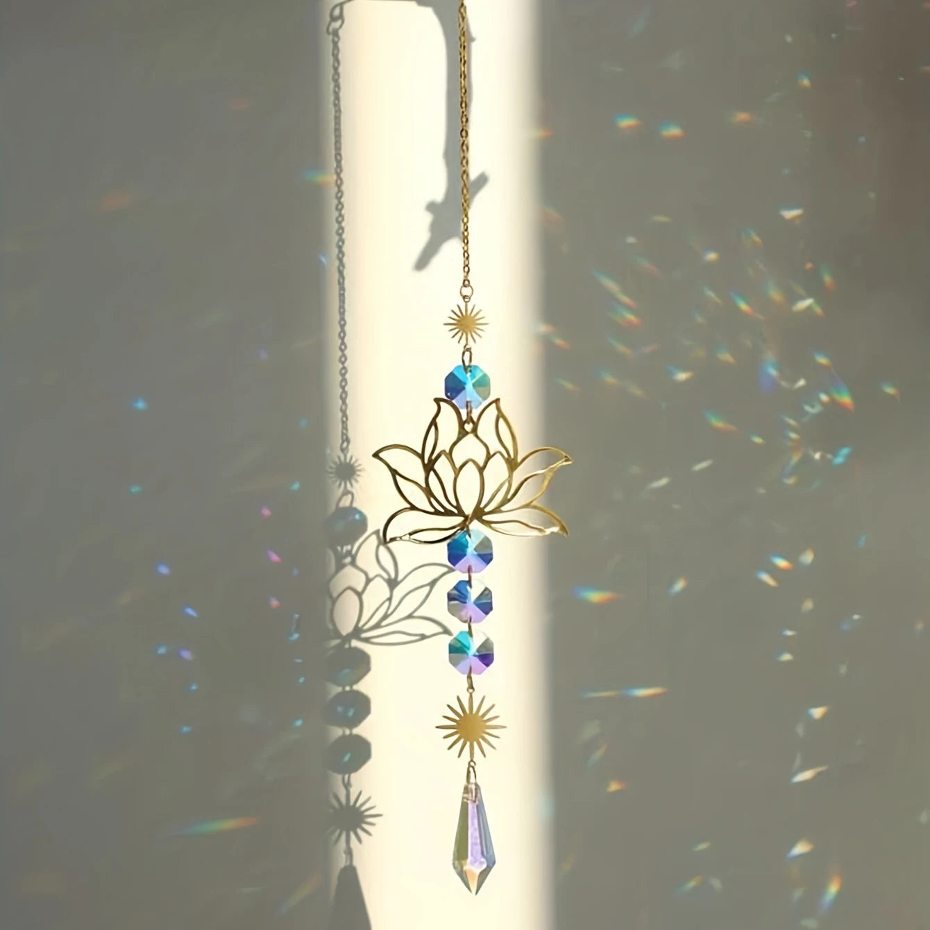 Metal Lotus & Crystal Suncatcher Charm – Handmade Wind Chime Pendant for Home, Garden, and Outdoor Decoration