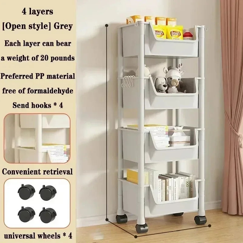 Movable Trolley Bookshelf – Portable Kitchen, Bathroom, and Living Room Storage Cabinet with Corner Narrow Shelf