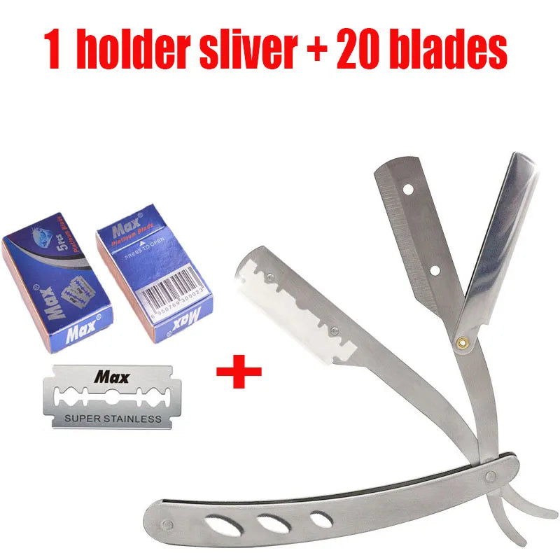 1 Holder + 10/20 Blades Straight Folding Shaver — Men's Manual Razor with Sharp Barber Blade