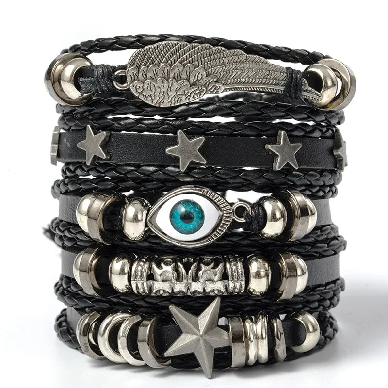 6PCS Black Punk Bracelet Set – Skull & Star Shaped Alloy with PU Leather