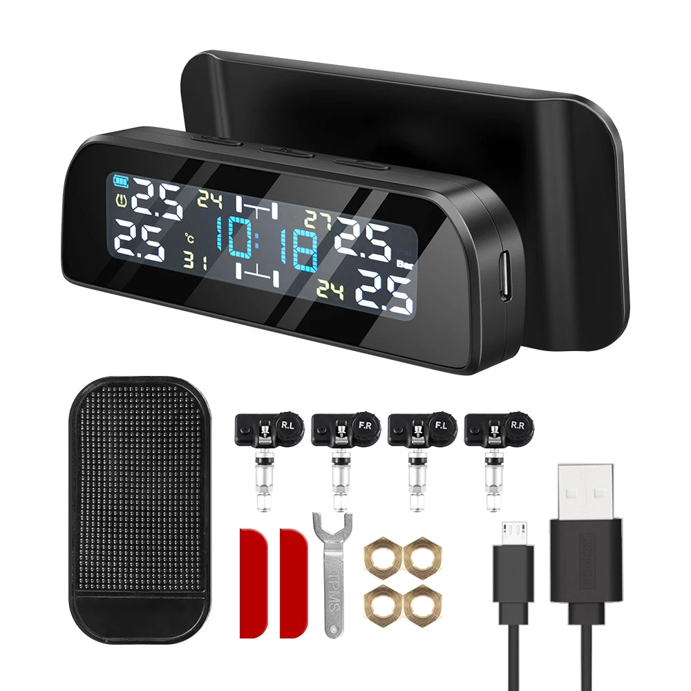 Solar Car TPMS Tire Pressure Monitoring System β External Sensors for 4 Wheels Tyre Pressure Detection