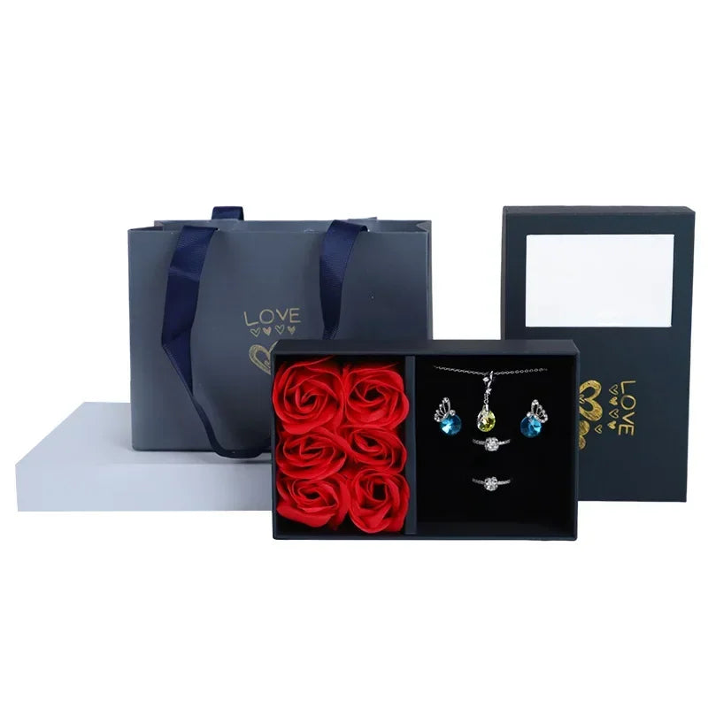 Window Opening Jewelry Box - Romantic 6 Rose Pendants, Ring & Bracelet Gift Packaging for Valentine's Day, Eternal Flower Design