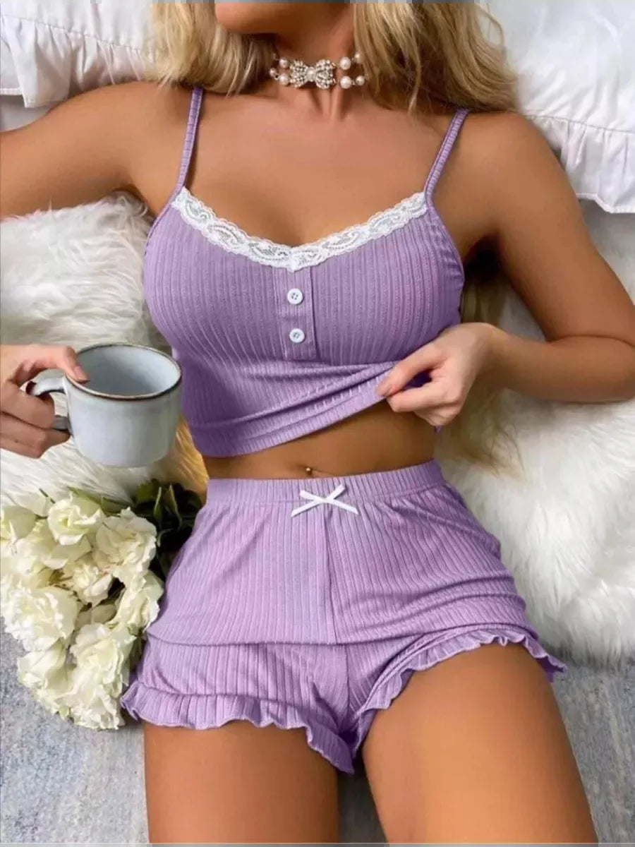 Women's Lace Cami Pajama Set β Sexy Summer Sleepwear with Button Top & Ruffle Shorts 2-Piece