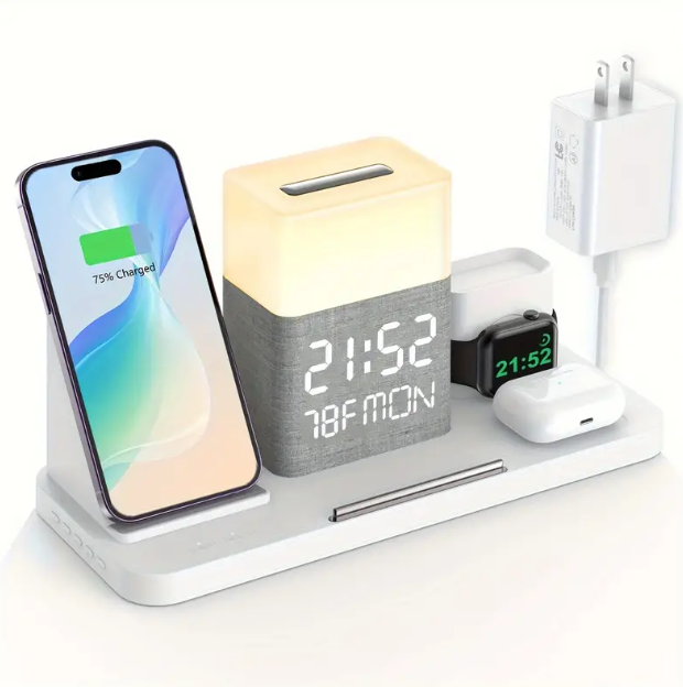 7 in 1 Dual Phone Wireless Charging Station with Night Light – Phone Holder, Time Sync, Week & Temperature Display, 30W Adapter for iPhone, AirPods, and iWatch, Fast Charging Dock with USB-C and USB-A Output