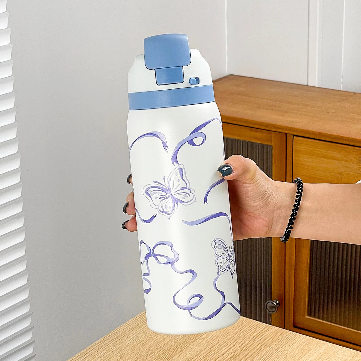 34oz Stainless Steel Water Bottle — Floral Two-Tone Insulated Bottle with Leakproof Sport Lid & Handle, 24H Hot & Cold