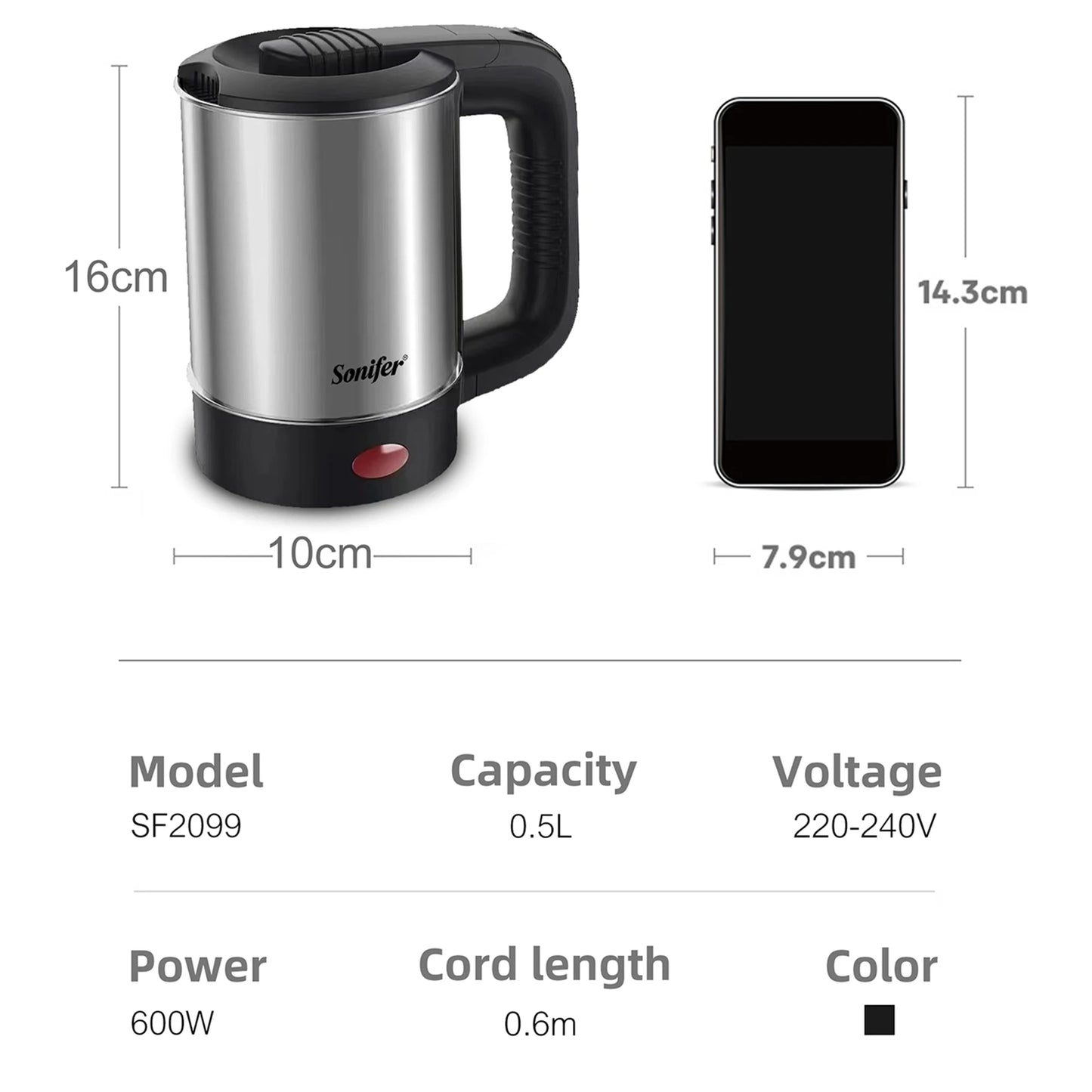 0.5L Mini Electric Kettle - 600W Portable Stainless Steel Water Boiler for Tea and Coffee, Ideal for Travel, Hotel, and Family Use (Sonifer)
