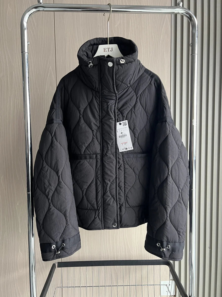 2024 ETJ Quilted Women's Coat – Beige Drawstring High Neck Jacket with Ties & Pockets