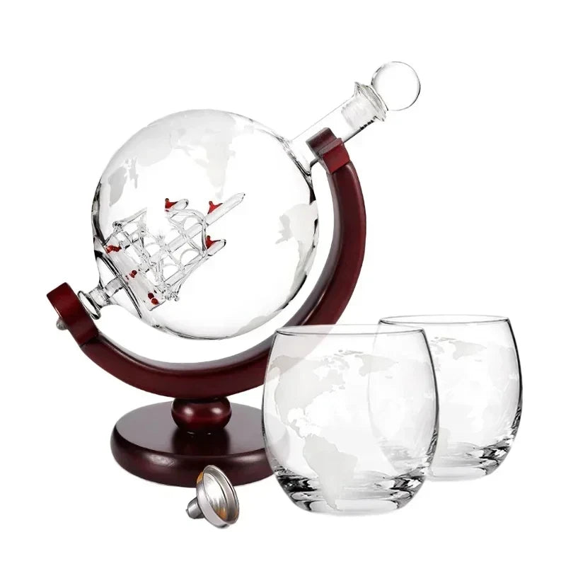 900ML Globe Whiskey Decanter Set – Lead-Free Carafe with Wood Stand & 2 Glasses