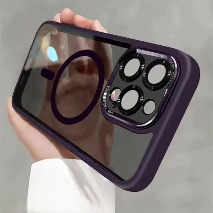 Luxury Magnetic Metal Lens Case – Hard Clear Protective Cover for iPhone 16, 15, 14, 13, 12, 11 Pro Max with Wireless Charging