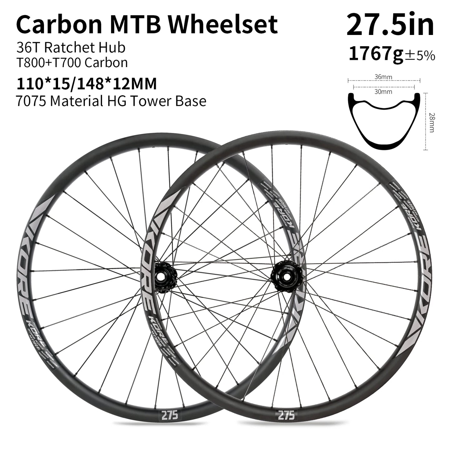 KORE MTB Carbon Wheelset – 27.5/29in Enduro & Downhill with 36T Ratchet HG Hub, BOOST, 28H, 30–36mm Width
