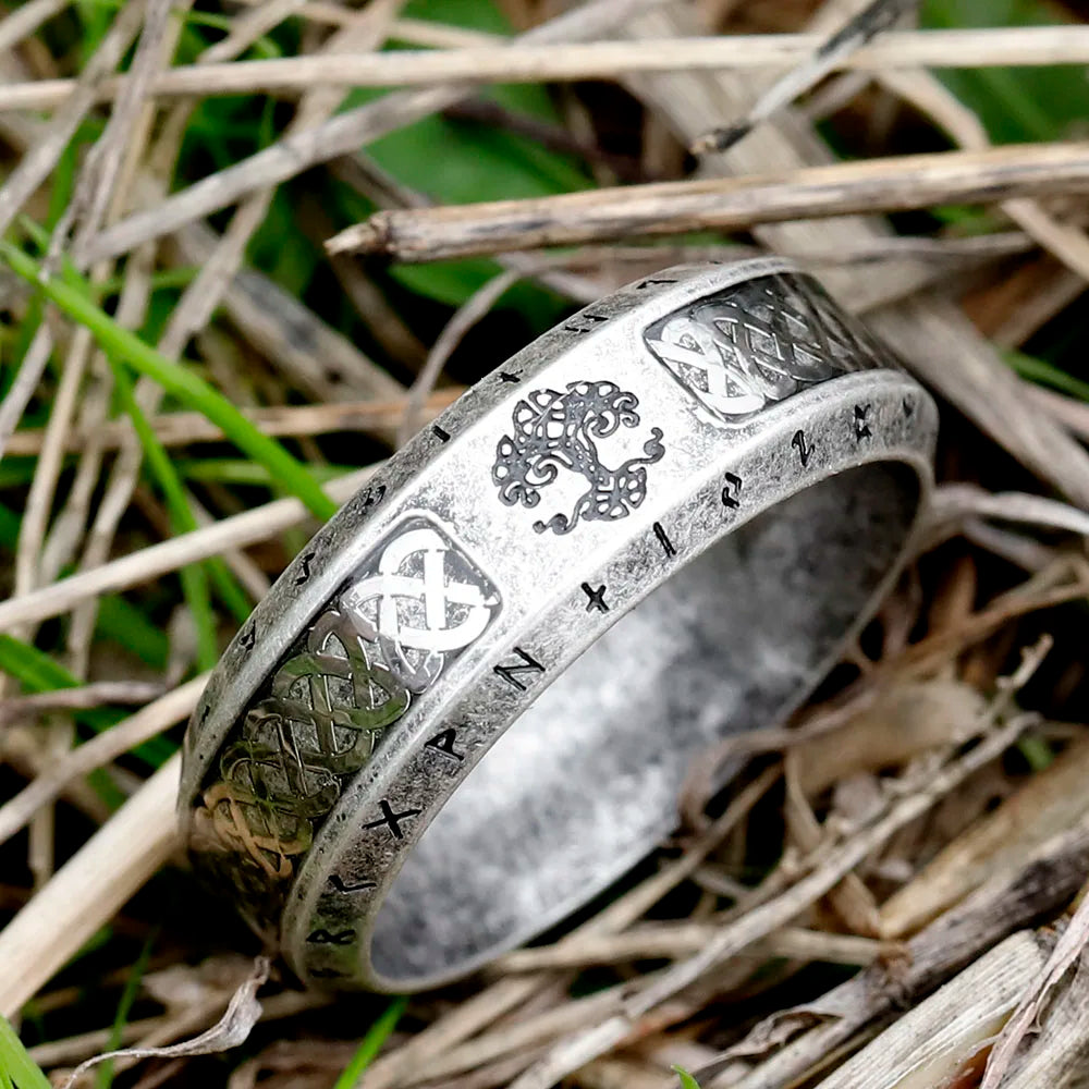 Stainless Steel Viking Rune Ring – Tree of Life & Celtic Knot Design, Vintage Nordic Jewelry for Men