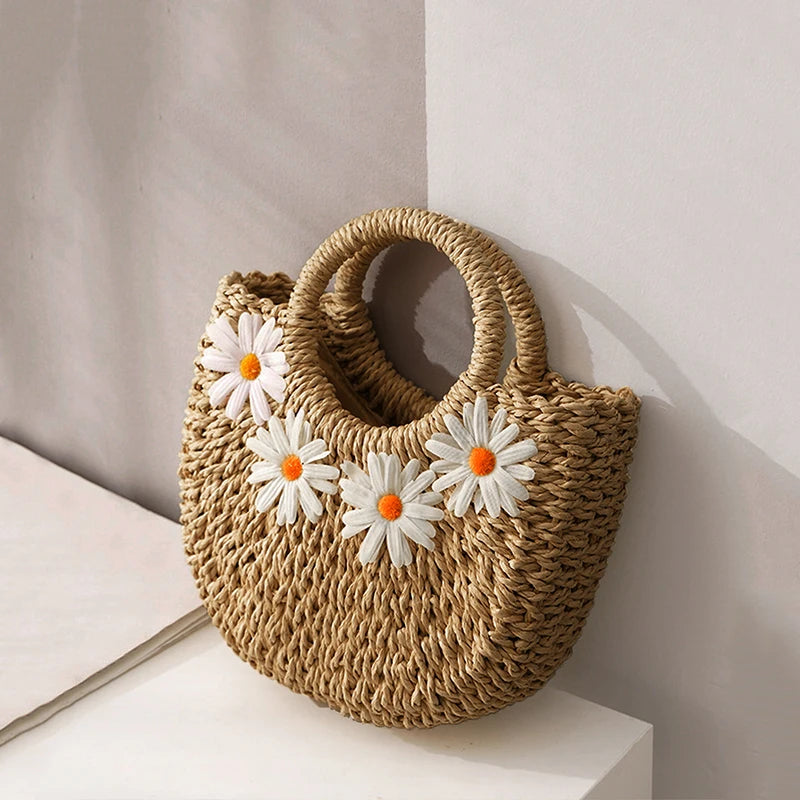 Hand-Woven Straw Beach Bag – Women’s Handmade Moon Basket Crossbody Bohemian Summer Tote