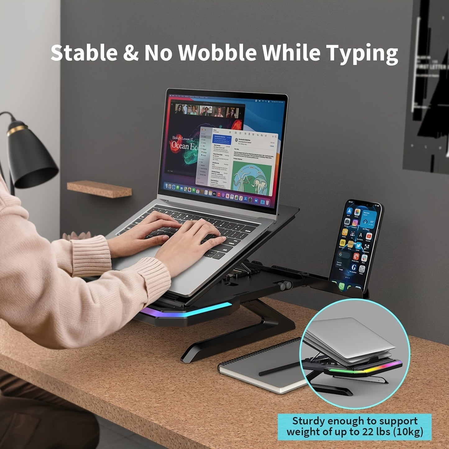Height-Adjustable Laptop Stand with RGB Lighting and Dual Phone Holders – Compatible with MacBook, Surface, Samsung, Dell 10-17 Inch Laptops