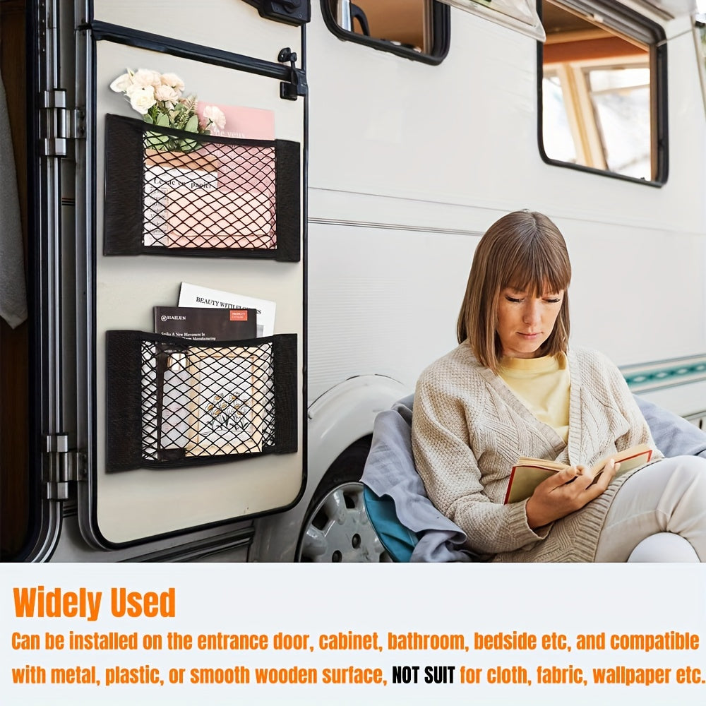 Easy-Install Elastic RV Storage Mesh Net - No-Drill Cargo Organizer with Stripe Design for Campers, Trailers and Caravans