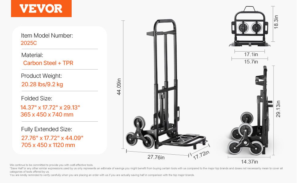 VEVOR 460 lbs Stair Climbing Folding Hand Truck – 6-Wheel Dolly with Handle & Elastic Ropes for Shopping, Moving, Warehouse