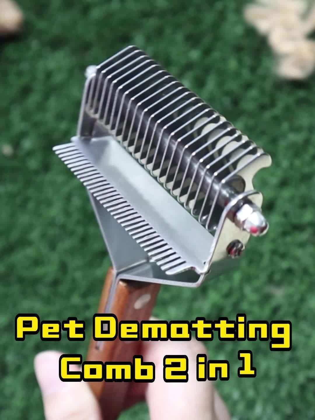 2 in 1 Pet Dematting Comb for Dogs & Cats - Stainless Steel Deshedding Brush with Wooden Handle, Removes Tangles & Loose Undercoat