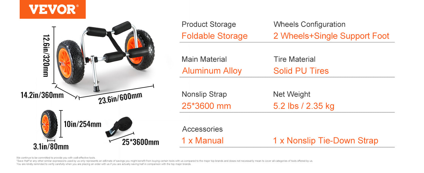 VEVOR Kayak Cart — 250lbs Foldable Canoe Trolley with 10" Tires & Support Foot for Paddleboards, Float Mats & Jon Boats