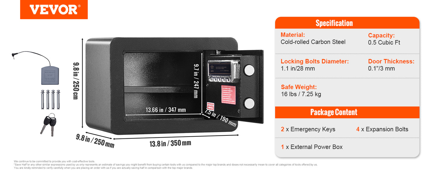 SucceBuy Electronic Safe Deposit Box — 1.2/0.5 Cubic Feet Digital Safe with Override Keys for Money, Jewelry, and Documents