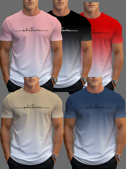 5PCS Men's Athletic T-Shirts – Gradient Cool 3D Print Quick-Dry Short Sleeve Gym Tees, Sports Tops