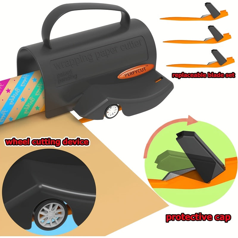 Wrapping Paper Cutter with 3 Replaceable Blade Sets - Birthday & Christmas Gift Wrap Cutter, Paper Roll Cutter with Tube Holder and Sliding Slicing Tool